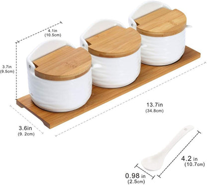 Ceramic Sugar Bowl with Bamboo Lids and Spoons Serving Tray, Porcelain Sugar Container for Sugar Tea Coffee Spice,Salt Condiment with Chalkboard Labels for Home Kitchen ,9.1 Fl Oz 270 ML,3PCS
