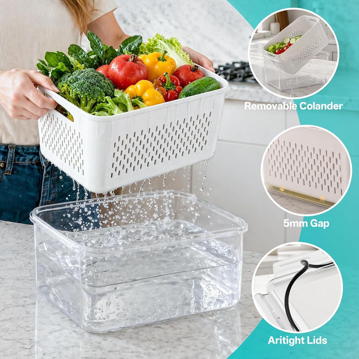 8 Pack Fruit Storage Containers for Fridge with Strainer, BPA Free Fruit Cleaning Bowl Fridge Organizer, Plastic Fresh Keeper Set Refrigerator Organizer for Salad Berry Produce