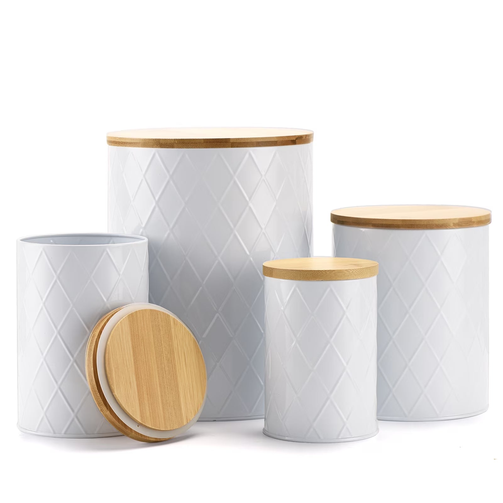White Kitchen Canisters Set with Wooden Lids, Airtight Sugar, Flour, Coffee, Cookie Storage Canister Sets for Kitchen Countertop, 4 Pack