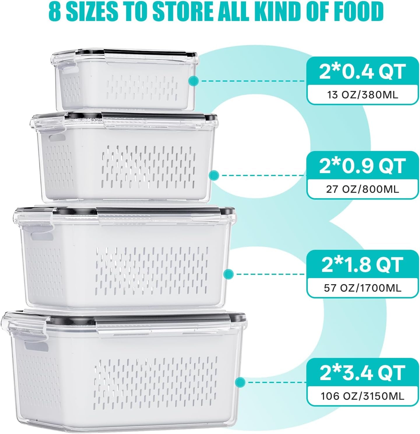 8 Pack Fruit Storage Containers for Fridge with Strainer, BPA Free Fruit Cleaning Bowl Fridge Organizer, Plastic Fresh Keeper Set Refrigerator Organizer for Salad Berry Produce