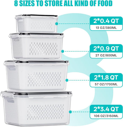 8 Pack Fruit Storage Containers for Fridge with Strainer, BPA Free Fruit Cleaning Bowl Fridge Organizer, Plastic Fresh Keeper Set Refrigerator Organizer for Salad Berry Produce