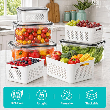 8 Pack Fruit Storage Containers for Fridge with Strainer, BPA Free Fruit Cleaning Bowl Fridge Organizer, Plastic Fresh Keeper Set Refrigerator Organizer for Salad Berry Produce