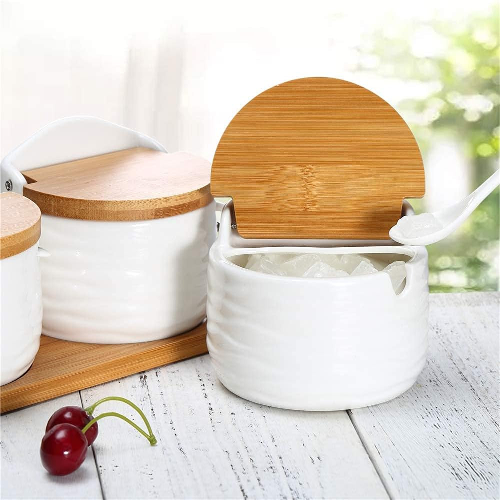 Ceramic Sugar Bowl with Bamboo Lids and Spoons Serving Tray, Porcelain Sugar Container for Sugar Tea Coffee Spice,Salt Condiment with Chalkboard Labels for Home Kitchen ,9.1 Fl Oz 270 ML,3PCS