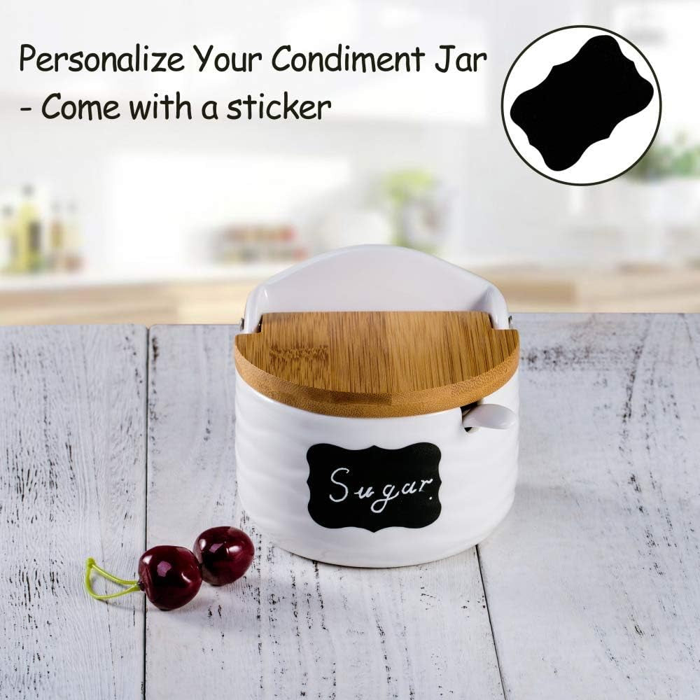 Ceramic Sugar Bowl with Bamboo Lids and Spoons Serving Tray, Porcelain Sugar Container for Sugar Tea Coffee Spice,Salt Condiment with Chalkboard Labels for Home Kitchen ,9.1 Fl Oz 270 ML,3PCS