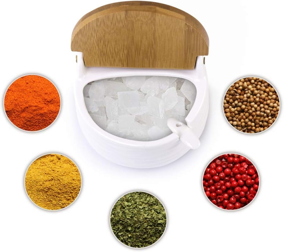 Ceramic Sugar Bowl with Bamboo Lids and Spoons Serving Tray, Porcelain Sugar Container for Sugar Tea Coffee Spice,Salt Condiment with Chalkboard Labels for Home Kitchen ,9.1 Fl Oz 270 ML,3PCS