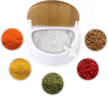 Ceramic Sugar Bowl with Bamboo Lids and Spoons Serving Tray, Porcelain Sugar Container for Sugar Tea Coffee Spice,Salt Condiment with Chalkboard Labels for Home Kitchen ,9.1 Fl Oz 270 ML,3PCS