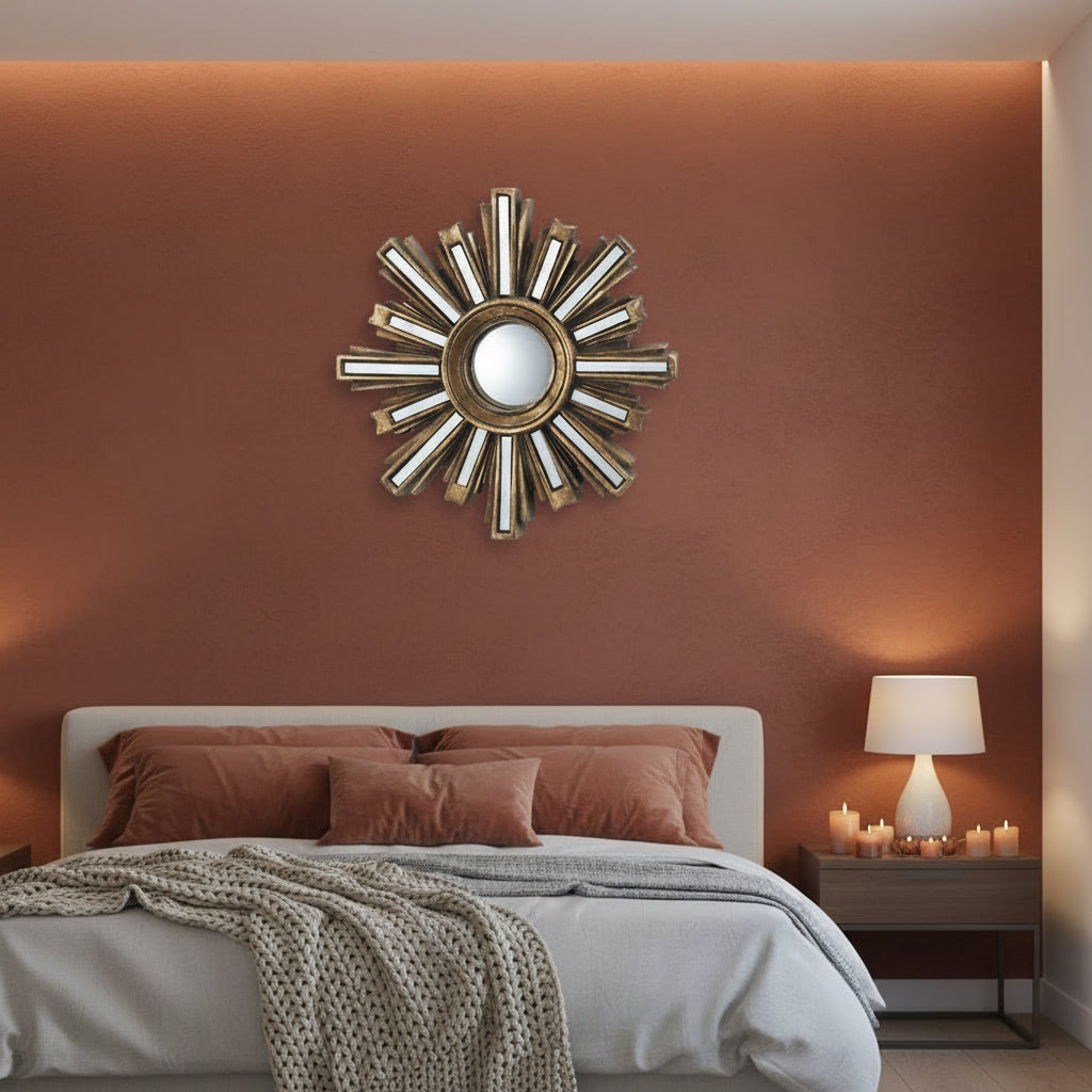Small Gold Deco Sunburst Convex Wall Mirror