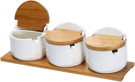 Ceramic Sugar Bowl with Bamboo Lids and Spoons Serving Tray, Porcelain Sugar Container for Sugar Tea Coffee Spice,Salt Condiment with Chalkboard Labels for Home Kitchen ,9.1 Fl Oz 270 ML,3PCS