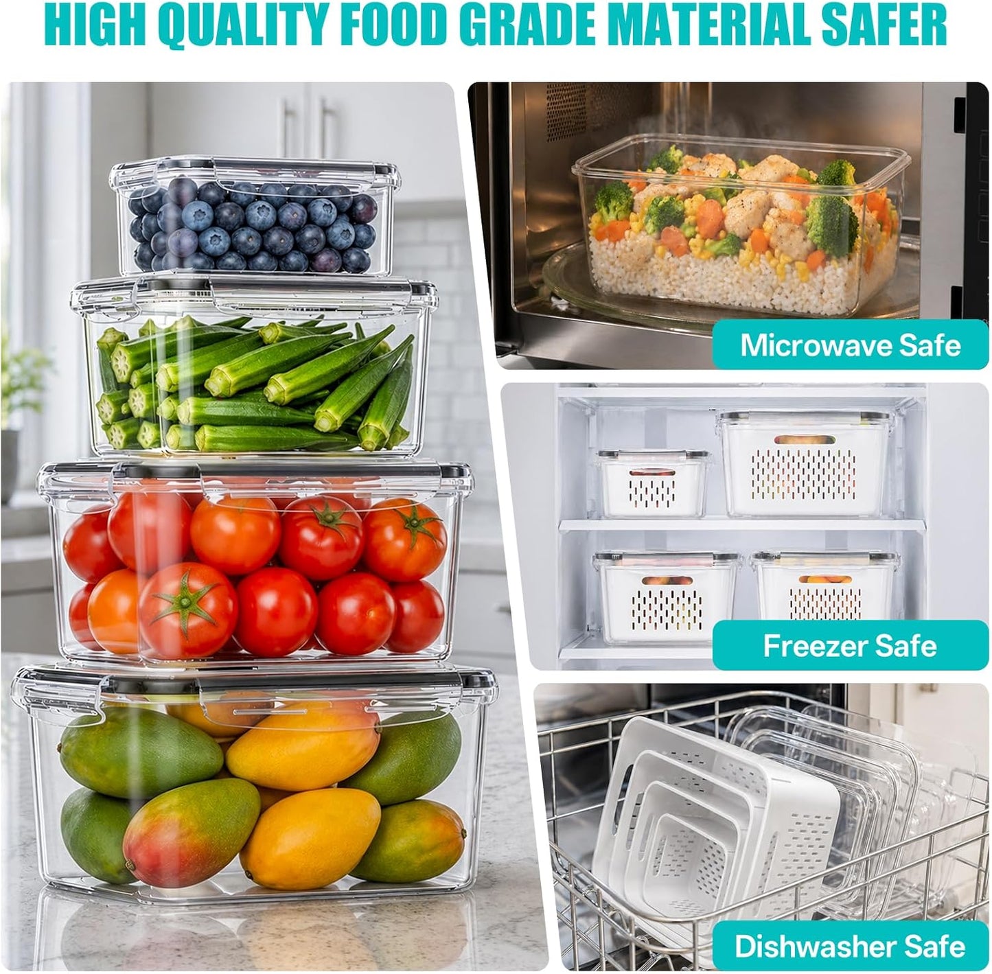 8 Pack Fruit Storage Containers for Fridge with Strainer, BPA Free Fruit Cleaning Bowl Fridge Organizer, Plastic Fresh Keeper Set Refrigerator Organizer for Salad Berry Produce