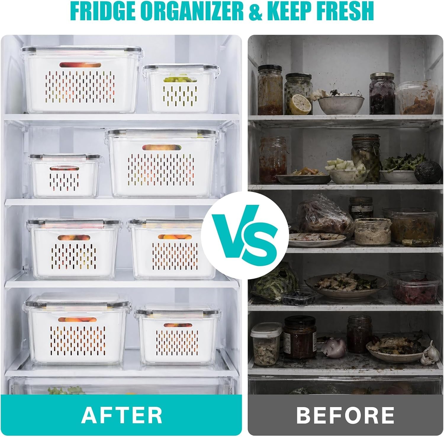 8 Pack Fruit Storage Containers for Fridge with Strainer, BPA Free Fruit Cleaning Bowl Fridge Organizer, Plastic Fresh Keeper Set Refrigerator Organizer for Salad Berry Produce
