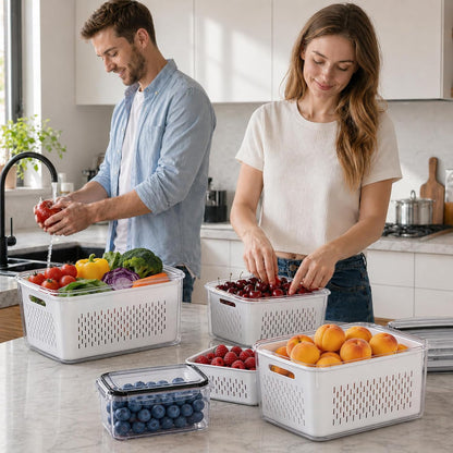 8 Pack Fruit Storage Containers for Fridge with Strainer, BPA Free Fruit Cleaning Bowl Fridge Organizer, Plastic Fresh Keeper Set Refrigerator Organizer for Salad Berry Produce