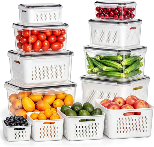 8 Pack Fruit Storage Containers for Fridge with Strainer, BPA Free Fruit Cleaning Bowl Fridge Organizer, Plastic Fresh Keeper Set Refrigerator Organizer for Salad Berry Produce