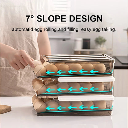 Automatic Slide Egg Storage Box Transparent Drawer, Stackable Rolling Eggs Rack Egg Tray Holder Basket, Kitchen Fridge Organize