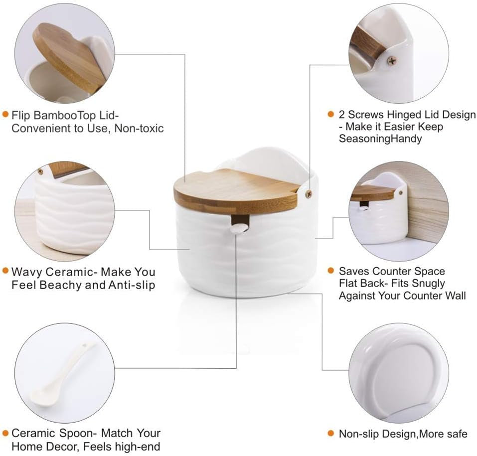 Ceramic Sugar Bowl with Bamboo Lids and Spoons Serving Tray, Porcelain Sugar Container for Sugar Tea Coffee Spice,Salt Condiment with Chalkboard Labels for Home Kitchen ,9.1 Fl Oz 270 ML,3PCS