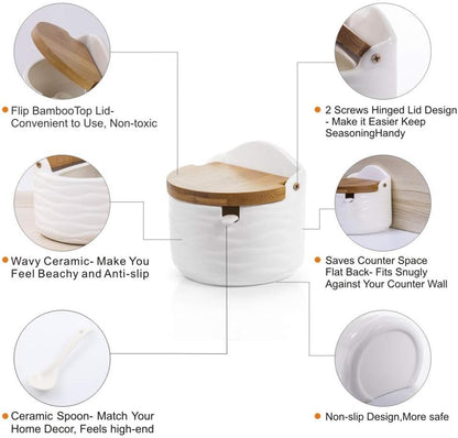 Ceramic Sugar Bowl with Bamboo Lids and Spoons Serving Tray, Porcelain Sugar Container for Sugar Tea Coffee Spice,Salt Condiment with Chalkboard Labels for Home Kitchen ,9.1 Fl Oz 270 ML,3PCS