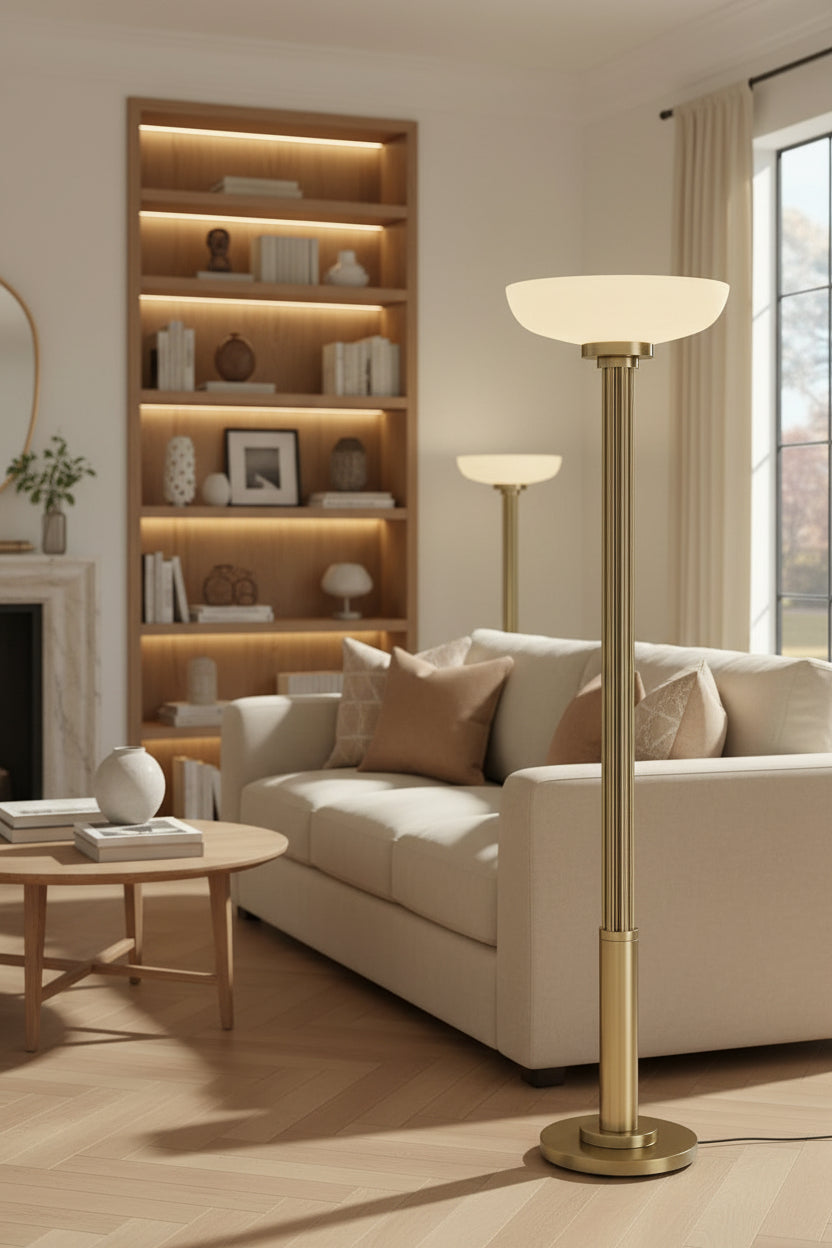 Possini Euro Design Granview Modern Glam Torchiere Floor Lamp Standing LED 70" Tall Antique Brass Gold Metal Column Frosted Glass Shade Decor for Living Room Reading House Bedroom Home Office
