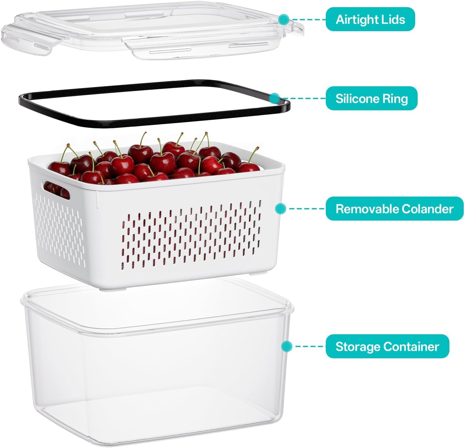 8 Pack Fruit Storage Containers for Fridge with Strainer, BPA Free Fruit Cleaning Bowl Fridge Organizer, Plastic Fresh Keeper Set Refrigerator Organizer for Salad Berry Produce