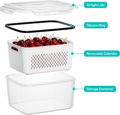 8 Pack Fruit Storage Containers for Fridge with Strainer, BPA Free Fruit Cleaning Bowl Fridge Organizer, Plastic Fresh Keeper Set Refrigerator Organizer for Salad Berry Produce